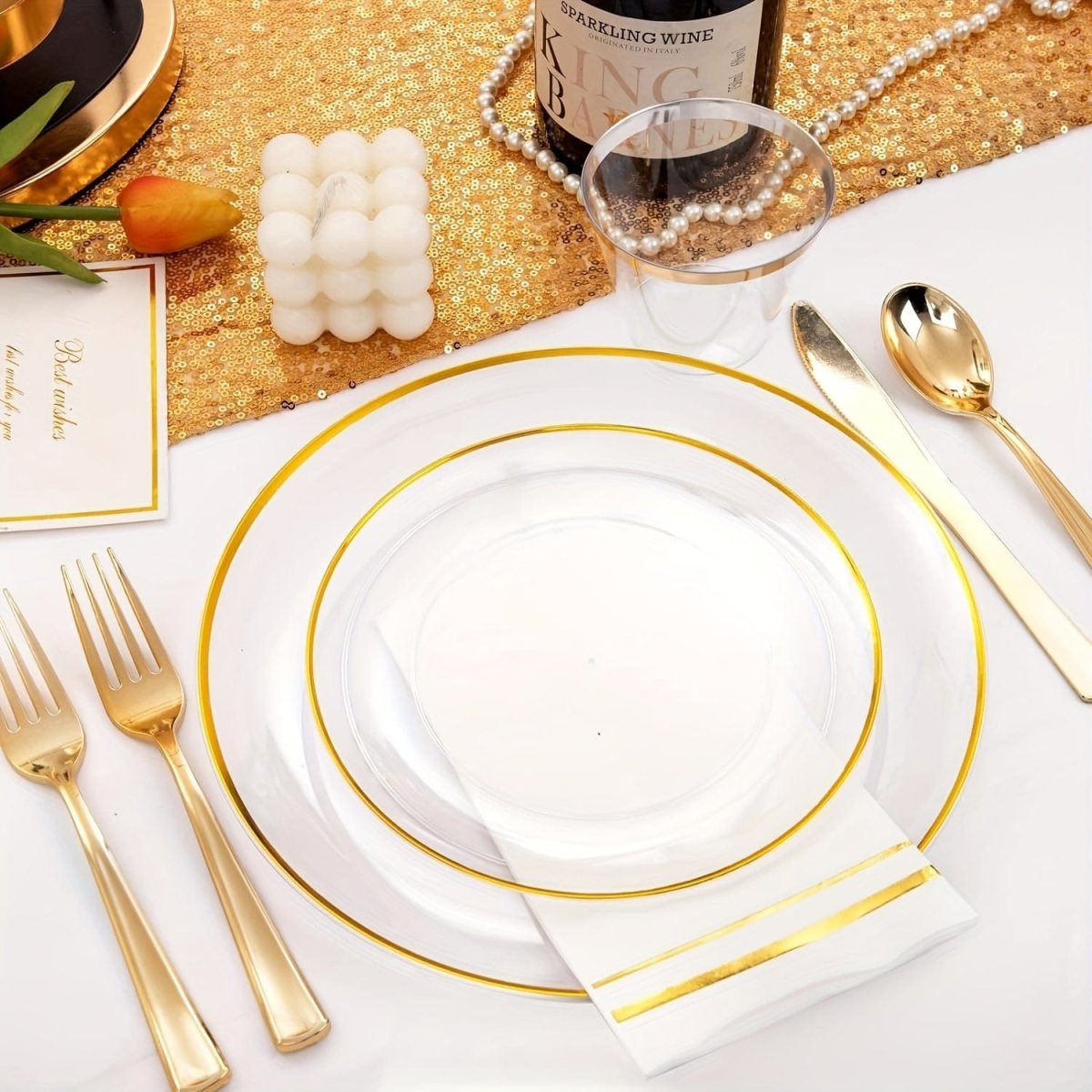 350PCS Clear and Gold Plastic cutlery - Gold Disposable Plastic Dinnerware Set for 50 Guests Include 100 Plastic Plates, 150 Gold Cutlery, 50 Cups&50 Napkins Idea for Wedding&Party - SHOWLU FASHION STORE