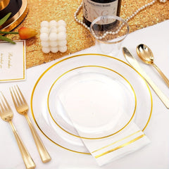 350PCS Clear and Gold Plastic cutlery - Gold Disposable Plastic Dinnerware Set for 50 Guests Include 100 Plastic Plates, 150 Gold Cutlery, 50 Cups&50 Napkins Idea for Wedding&Party - SHOWLU FASHION STORE