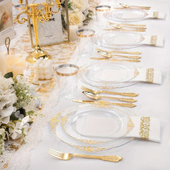 350PCS Clear Gold Plastic Plates - Gold Plastic Dinnerware Sets for 50 Guests - 100 Gold Disposable Plates, 150 Gold Plastic Silverware, 50 Cups, 50 Napkins for Wedding & Party - SHOWLU FASHION STORE