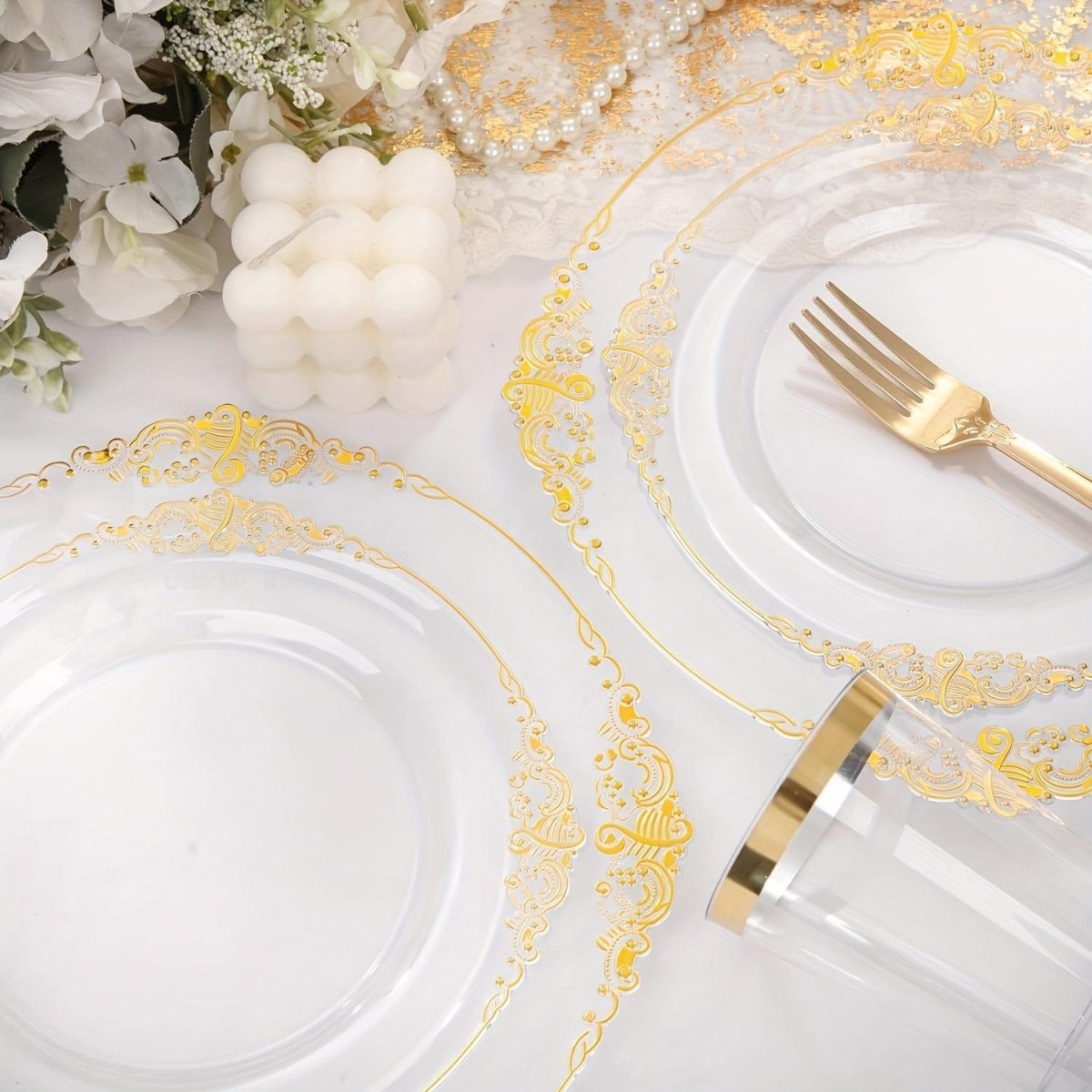 350PCS Clear Gold Plastic Plates - Gold Plastic Dinnerware Sets for 50 Guests - 100 Gold Disposable Plates, 150 Gold Plastic Silverware, 50 Cups, 50 Napkins for Wedding & Party - SHOWLU FASHION STORE