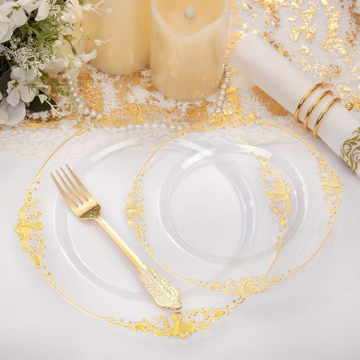 350PCS Clear Gold Plastic Plates - Gold Plastic Dinnerware Sets for 50 Guests - 100 Gold Disposable Plates, 150 Gold Plastic Silverware, 50 Cups, 50 Napkins for Wedding & Party - SHOWLU FASHION STORE