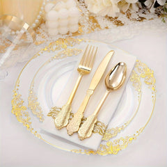 350PCS Clear Gold Plastic Plates - Gold Plastic Dinnerware Sets for 50 Guests - 100 Gold Disposable Plates, 150 Gold Plastic Silverware, 50 Cups, 50 Napkins for Wedding & Party - SHOWLU FASHION STORE