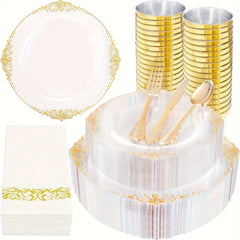 350PCS Clear Gold Plastic Plates - Gold Plastic Dinnerware Sets for 50 Guests - 100 Gold Disposable Plates, 150 Gold Plastic Silverware, 50 Cups, 50 Napkins for Wedding & Party - SHOWLU FASHION STORE