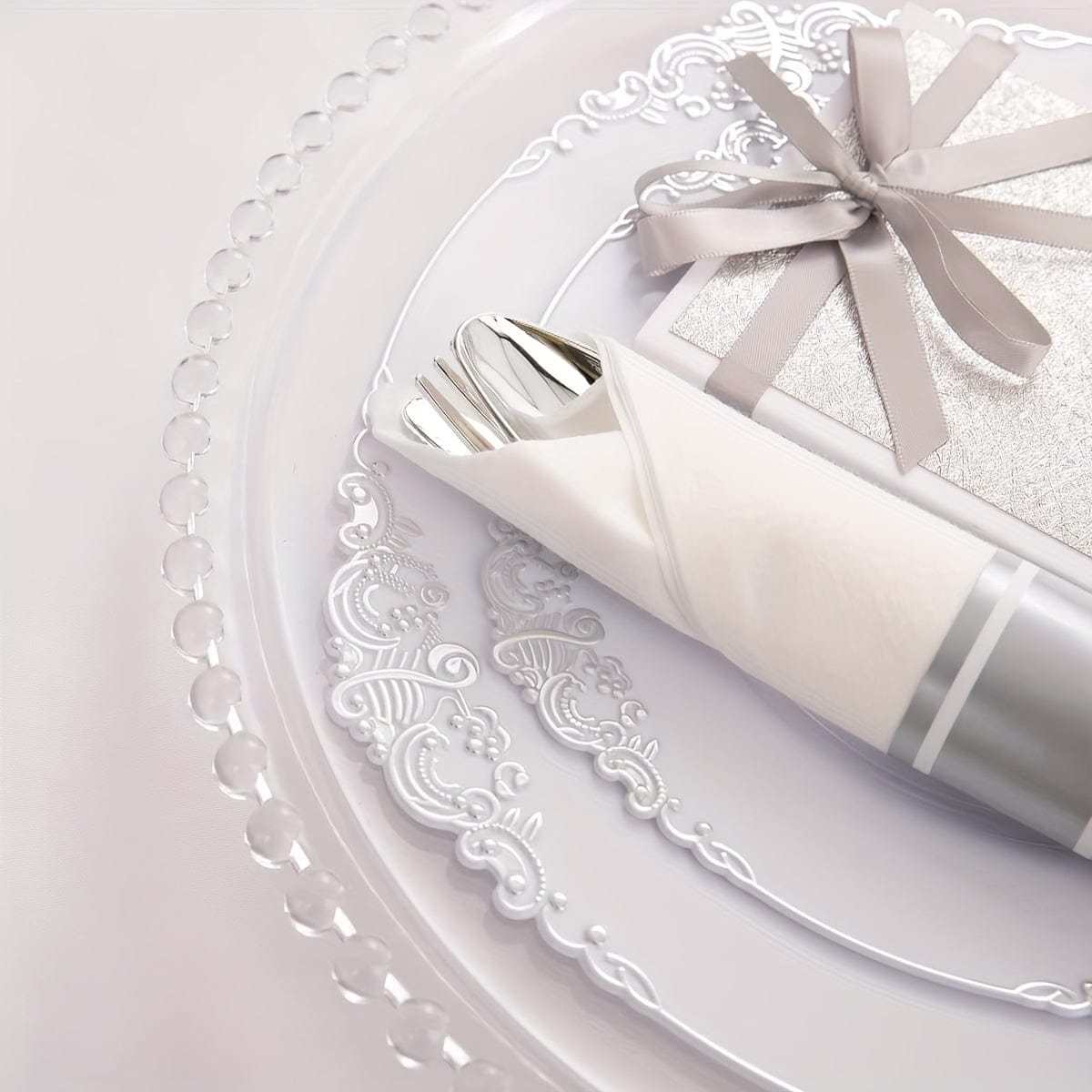 350PCS Silver Plastic Plates&Pre Rolled Napkins for 50 Guests, Plastic Dinerware Set 100 Silver Disposable Plates, 150 Silver Silverware, 50Cups and 50Napkins for Wedding&Party - SHOWLU FASHION STORE