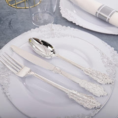 350PCS Silver Plastic Plates&Pre Rolled Napkins for 50 Guests, Plastic Dinerware Set 100 Silver Disposable Plates, 150 Silver Silverware, 50Cups and 50Napkins for Wedding&Party - SHOWLU FASHION STORE