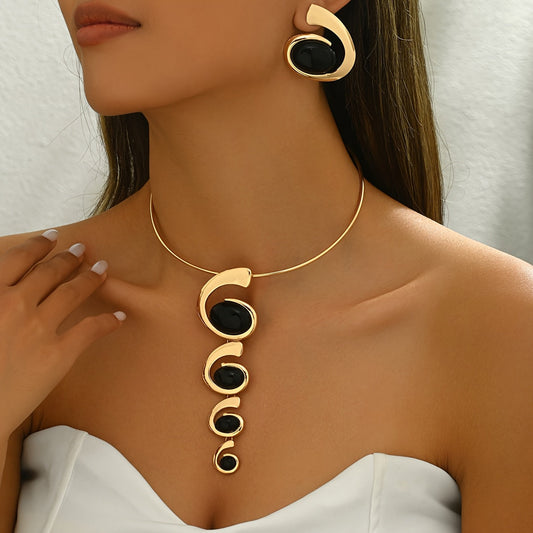 3pcs Chic & Sexy Jewelry Set with Black Acrylic Geometric Spiral/Snail Design - Golden-Tone Zinc Alloy Necklace and Earrings for Daily Wear & Parties SHOWLU FASHION STORE