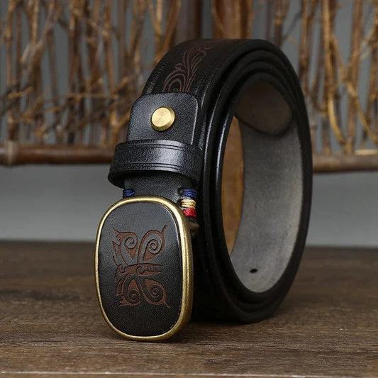 3.5CM Pure Cowhide High Quality Genuine Leather Belts for Men Laser Engraving Strap Male Smooth Buckle Jeans Cowboy Luxury - SHOWLU FASHION STORE