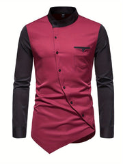 [Glossy Fabric] Stylish Men's Color Block Henley Shirt with Unique Slant Button Detail - Casual Stand Collar, Long Sleeve, Polyester Blend, Machine Washable - Perfect for All Seasons SHOWLU FASHION STORE