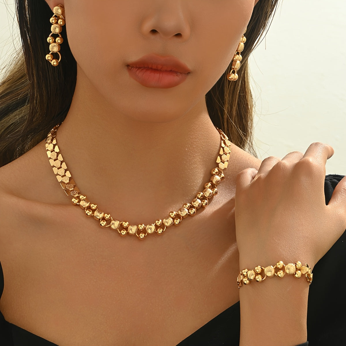 3pcs set of fashionable and luxurious hollow earrings, necklaces, bracelets, and jewelry for Ramadan celebration, suitable for banquets, weddings, and holiday gifts SHOWLU FASHION STORE