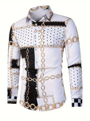 Men's Color Block Chains Graphic Print Shirt, Casual Lapel Button Up Long Sleeve Shirt For Spring Fall Outdoor Activities Party Gift SHOWLU FASHION STORE