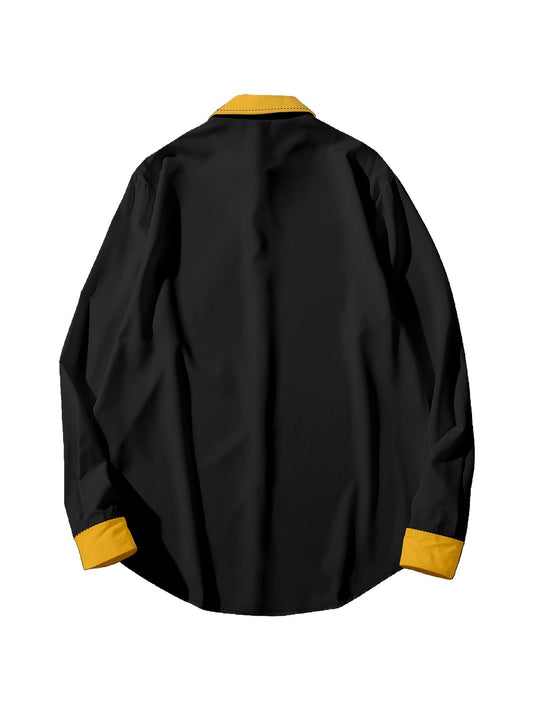 Men's Polyester Long-Sleeve Shirt | Black with Golden Trim | Casual & Formal Wear | Machine Washable | All-Season Comfort | Elegant Turn- Collar | Versatile for Parties, Evenings & Daily Events, Formal Event Attire | Stylish SHOWLU FASHION STORE