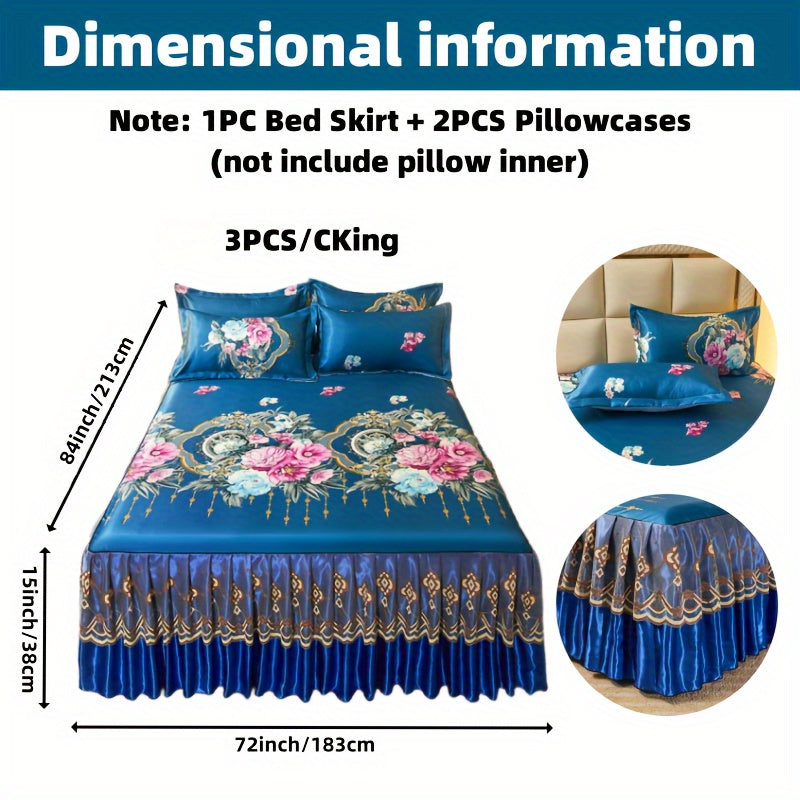2pcs/3pcs Jacquard Bed Skirt Set with Pillowcases, Lace Hem, Floral Pattern, Soft & Comfortable, Machine Washable, Polyester 100%, Contemporary Style, Woven Fabric, 120g - Single/Double Size Options SHOWLU FASHION STORE