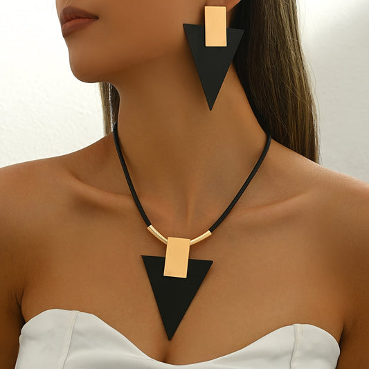 Vintage Simple Style 3pcs Set, Black Wax Cord Geometric Rectangular Inverted Triangle Pendant Necklace and Earrings, Iron Jewelry for Women, Daily and Party Accessory, All-Season Fit SHOWLU FASHION STORE