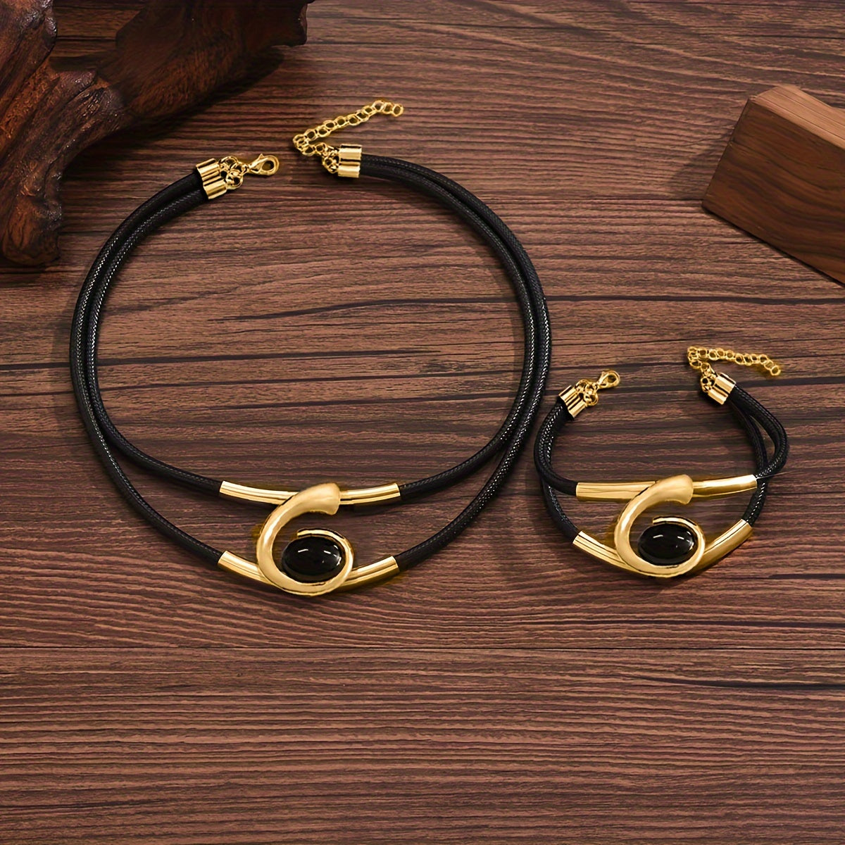 Two-piece Set of Women's Bohemian Style Design Spiral Inlaid Black Acrylic Gemstone Long Bead Pendant Necklace and Bracelet Set SHOWLU FASHION STORE