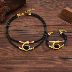 Two-piece Set of Women's Bohemian Style Design Spiral Inlaid Black Acrylic Gemstone Long Bead Pendant Necklace and Bracelet Set SHOWLU FASHION STORE