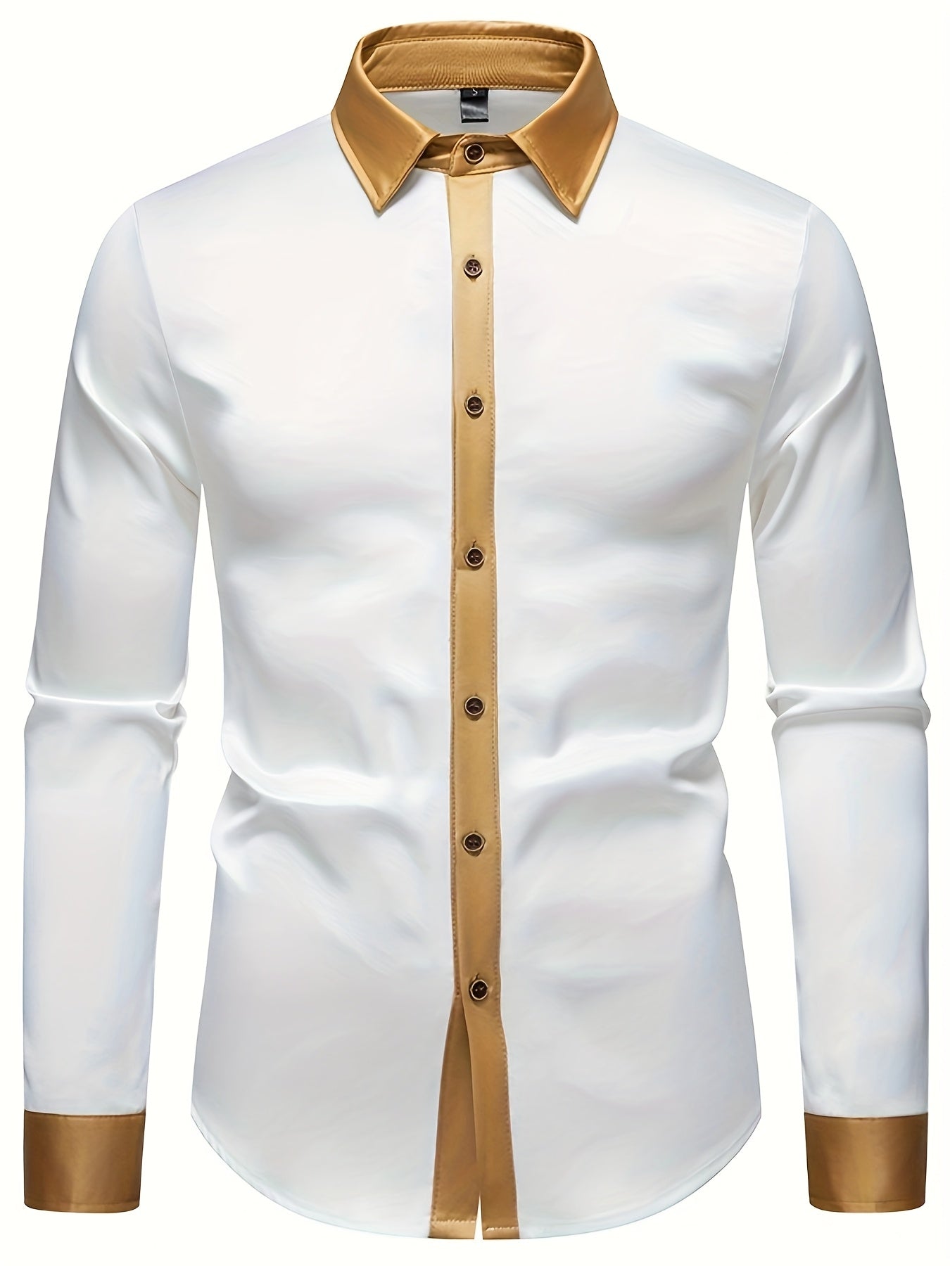 Men'S Casual Lapel Collar Color Block Long Sleeve Shirt Polyester Slight Stretch Button Shirt for Adult SHOWLU FASHION STORE