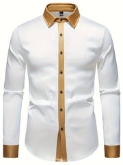 Men'S Casual Lapel Collar Color Block Long Sleeve Shirt Polyester Slight Stretch Button Shirt for Adult SHOWLU FASHION STORE