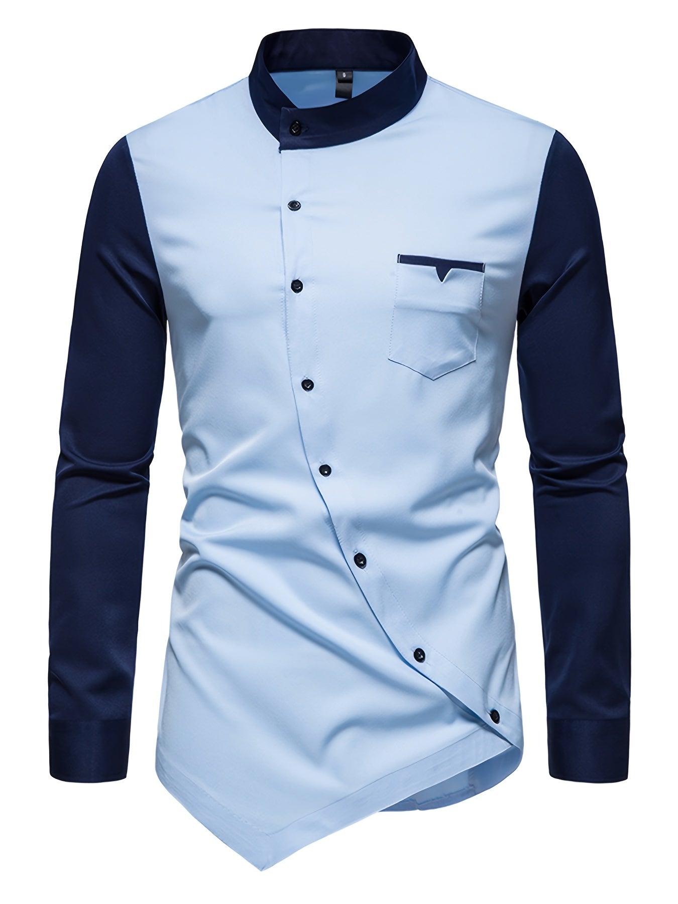 [Glossy Fabric] Stylish Men's Color Block Henley Shirt with Unique Slant Button Detail - Casual Stand Collar, Long Sleeve, Polyester Blend, Machine Washable - Perfect for All Seasons SHOWLU FASHION STORE