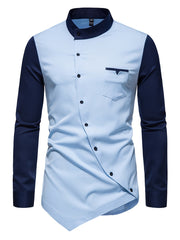 [Glossy Fabric] Stylish Men's Color Block Henley Shirt with Unique Slant Button Detail - Casual Stand Collar, Long Sleeve, Polyester Blend, Machine Washable - Perfect for All Seasons SHOWLU FASHION STORE