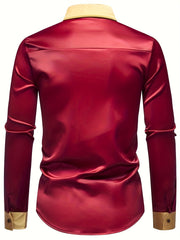 Men'S Casual Lapel Collar Color Block Long Sleeve Shirt Polyester Slight Stretch Button Shirt for Adult SHOWLU FASHION STORE