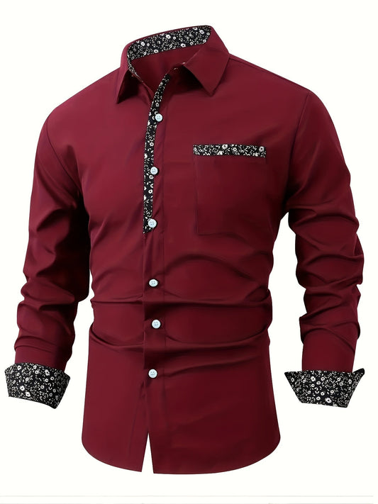 Men's Casual Floral Print Long Sleeve Shirt - Comfortable Polyester, Maroon with Black and White Detailing, Button-Up Collared Style for Fall/Winter SHOWLU FASHION STORE