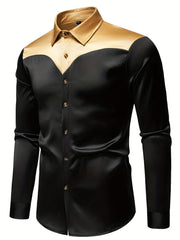 Men'S Silky Smooth Color Block Long Sleeve Button-Up Shirt - Black with Golden Accents, Casual Lapel Style, Polyester Blend, Perfect for All Seasons SHOWLU FASHION STORE