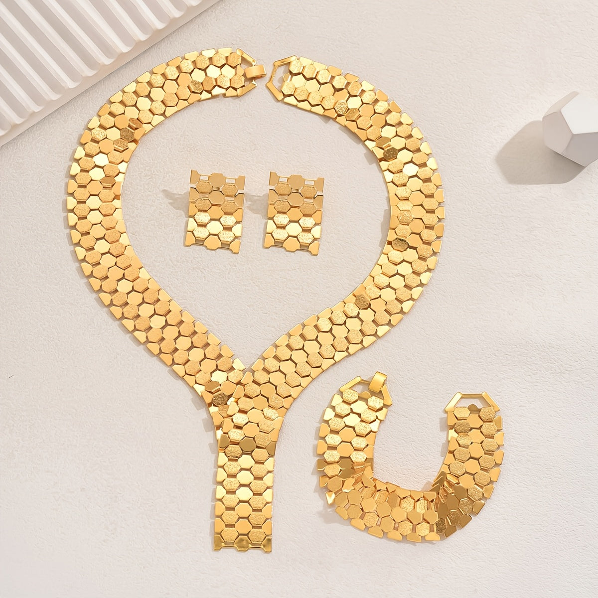 Four-piece set of gold-plated iron luxury exaggerated wide face hollow geometric rhombus grid necklace, earrings and bracelet set suitable for Women's banquet and wedding wear SHOWLU FASHION STORE