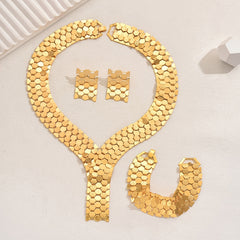 Four-piece set of gold-plated iron luxury exaggerated wide face hollow geometric rhombus grid necklace, earrings and bracelet set suitable for Women's banquet and wedding wear SHOWLU FASHION STORE