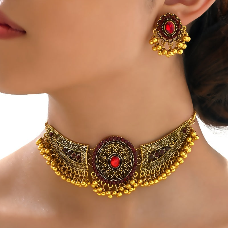 Bollywood Style 1 Pair Of Earrings + 1 Choker Vintage Jewelry Set Tribal Design 14k Gold Plated Inlaid Rhinestone Red Or Blue Make Your Call Match Daily Outfits SHOWLU FASHION STORE