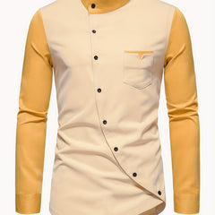 [Glossy Fabric] Stylish Men's Color Block Henley Shirt with Unique Slant Button Detail - Casual Stand Collar, Long Sleeve, Polyester Blend, Machine Washable - Perfect for All Seasons SHOWLU FASHION STORE