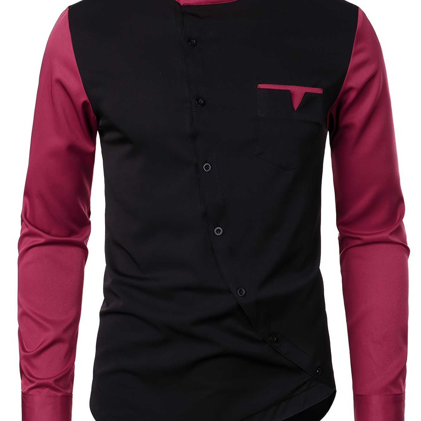 [Glossy Fabric] Stylish Men's Color Block Henley Shirt with Unique Slant Button Detail - Casual Stand Collar, Long Sleeve, Polyester Blend, Machine Washable - Perfect for All Seasons SHOWLU FASHION STORE