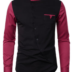[Glossy Fabric] Stylish Men's Color Block Henley Shirt with Unique Slant Button Detail - Casual Stand Collar, Long Sleeve, Polyester Blend, Machine Washable - Perfect for All Seasons SHOWLU FASHION STORE