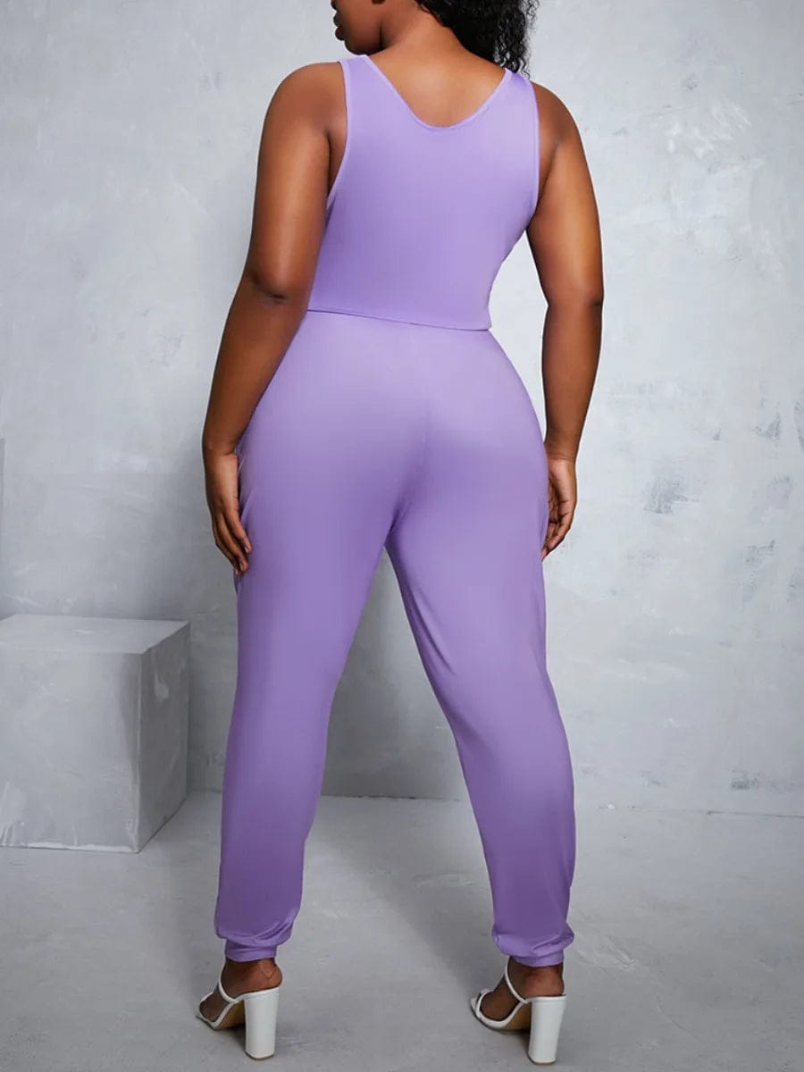 4XL 5XL LW Plus Size Women Clothing 2024 Spring Stretchy Sleeveless Solid U Neck Drawstring Light One - piece Casual Jumpsuit - SHOWLU FASHION STORE