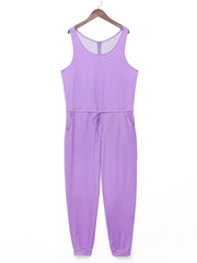 4XL 5XL LW Plus Size Women Clothing 2024 Spring Stretchy Sleeveless Solid U Neck Drawstring Light One - piece Casual Jumpsuit - SHOWLU FASHION STORE
