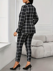 Elegant Geometric Print Plaid Blazer & Pants Set - Black & White Checkered, Long Sleeve, Button-Up, Casual Western Style, Elastic Waist, Pockets, Polyester Blend, Fall & Spring Attire for Women, Casual Attire|Modern Casualwea SHOWLU FASHION STORE