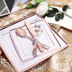 50Guest Rose Gold Plastic Plates with Disposable Plastic Silverware& Rose Gold Cups&Rose Gold Plastic Bowls&Hand Napkins - Plastic Dinnerware for Wedding&Parties - SHOWLU FASHION STORE