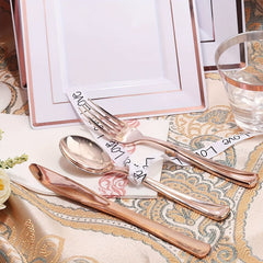 50Guest Rose Gold Plastic Plates with Disposable Plastic Silverware& Rose Gold Cups&Rose Gold Plastic Bowls&Hand Napkins - Plastic Dinnerware for Wedding&Parties - SHOWLU FASHION STORE