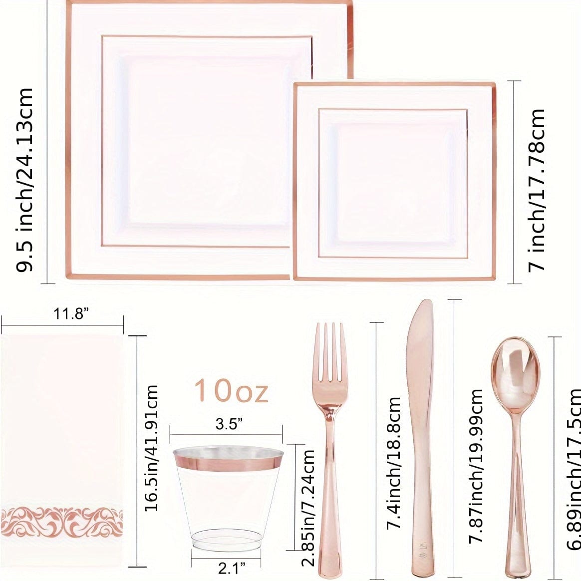 50Guest Rose Gold Plastic Plates with Disposable Plastic Silverware& Rose Gold Cups&Rose Gold Plastic Bowls&Hand Napkins - Plastic Dinnerware for Wedding&Parties - SHOWLU FASHION STORE