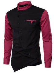 [Glossy Fabric] Stylish Men's Color Block Henley Shirt with Unique Slant Button Detail - Casual Stand Collar, Long Sleeve, Polyester Blend, Machine Washable - Perfect for All Seasons SHOWLU FASHION STORE