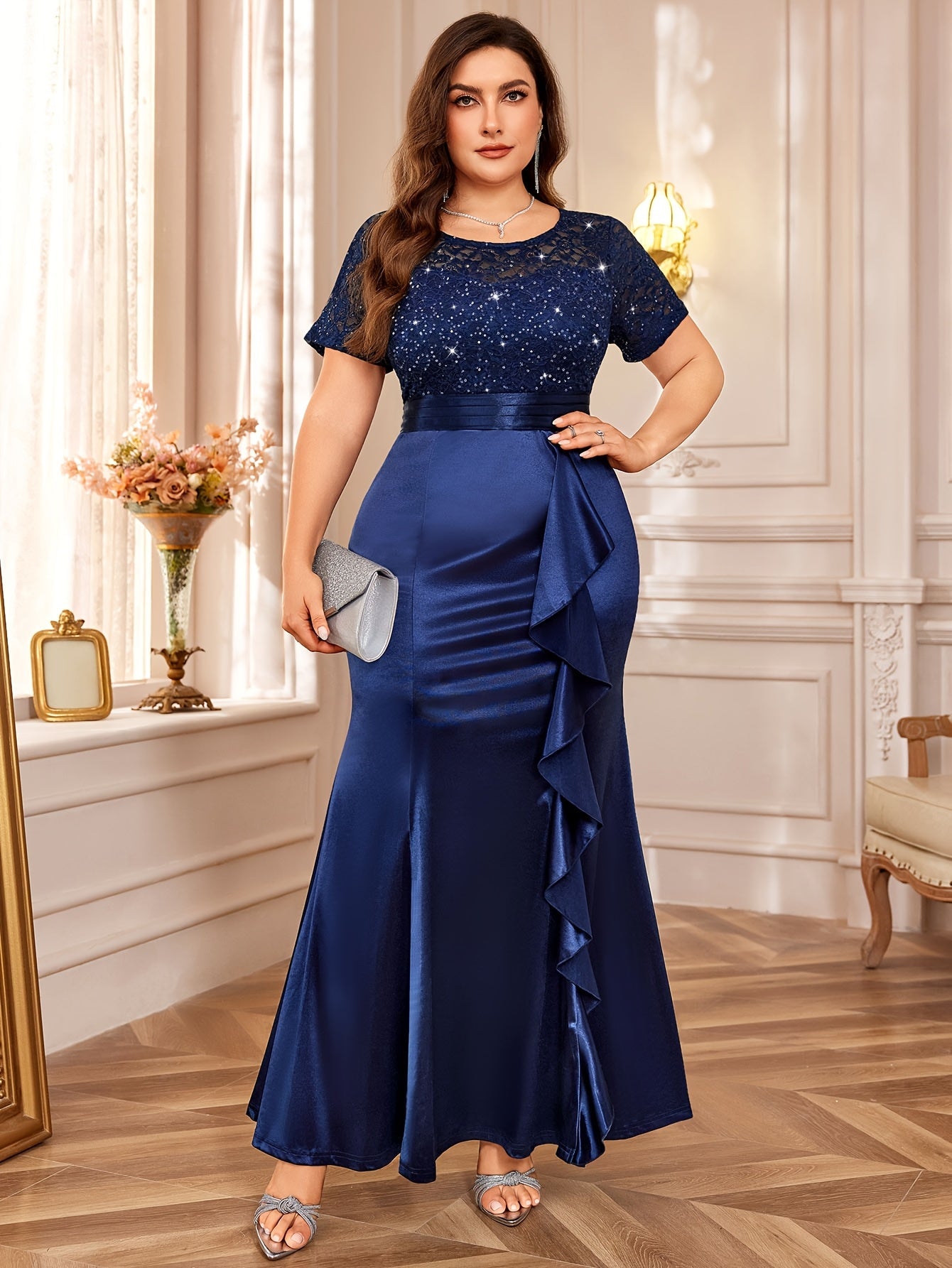 P54328A Elegant Women's Plus Size Lace Contrast Satin Sequin Bridesmaid Dress, Round Neck Short Sleeve, Empire Waist, Slim Fitting, Ruffled Mermaid Hem, Perfect for Formal Evenings, Weddings, Parties SHOWLU FASHION STORE
