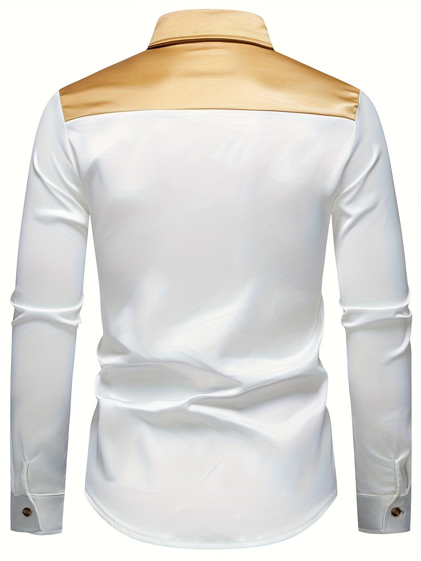 Men'S Silky Smooth Color Block Long Sleeve Button-Up Shirt - Black with Golden Accents, Casual Lapel Style, Polyester Blend, Perfect for All Seasons SHOWLU FASHION STORE