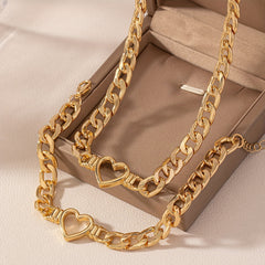 [Durable Build] Elegant Golden-Tone Heart Cutout Choker Necklace and Bracelet Set for Women - Zinc Alloy, Perfect for Daily Wear or Parties SHOWLU FASHION STORE