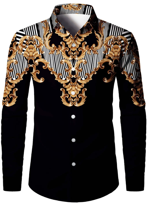 Baroque Style Vintage Pattern Men's Color Block Long Sleeve Button Up Shirt, Spring Fall Banquet Occasions SHOWLU FASHION STORE