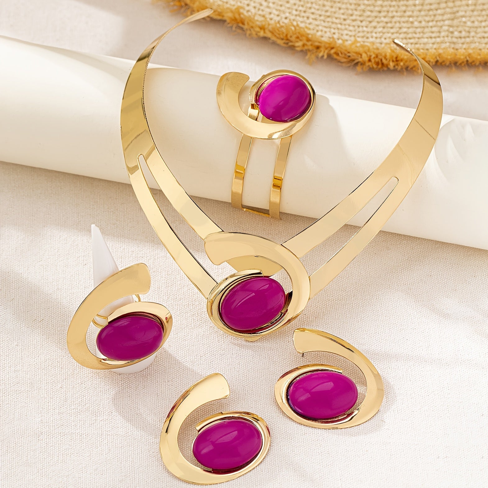 1 Set Elegant Vacation Style Women'S Jewelry Set - Asymmetric Gemstone Collar Necklace, Stud Earrings, Bracelet, and Ring - Plastic Inlay, Alloy Base, Perfect for Parties and Holidays, All-Season Wear SHOWLU FASHION STORE