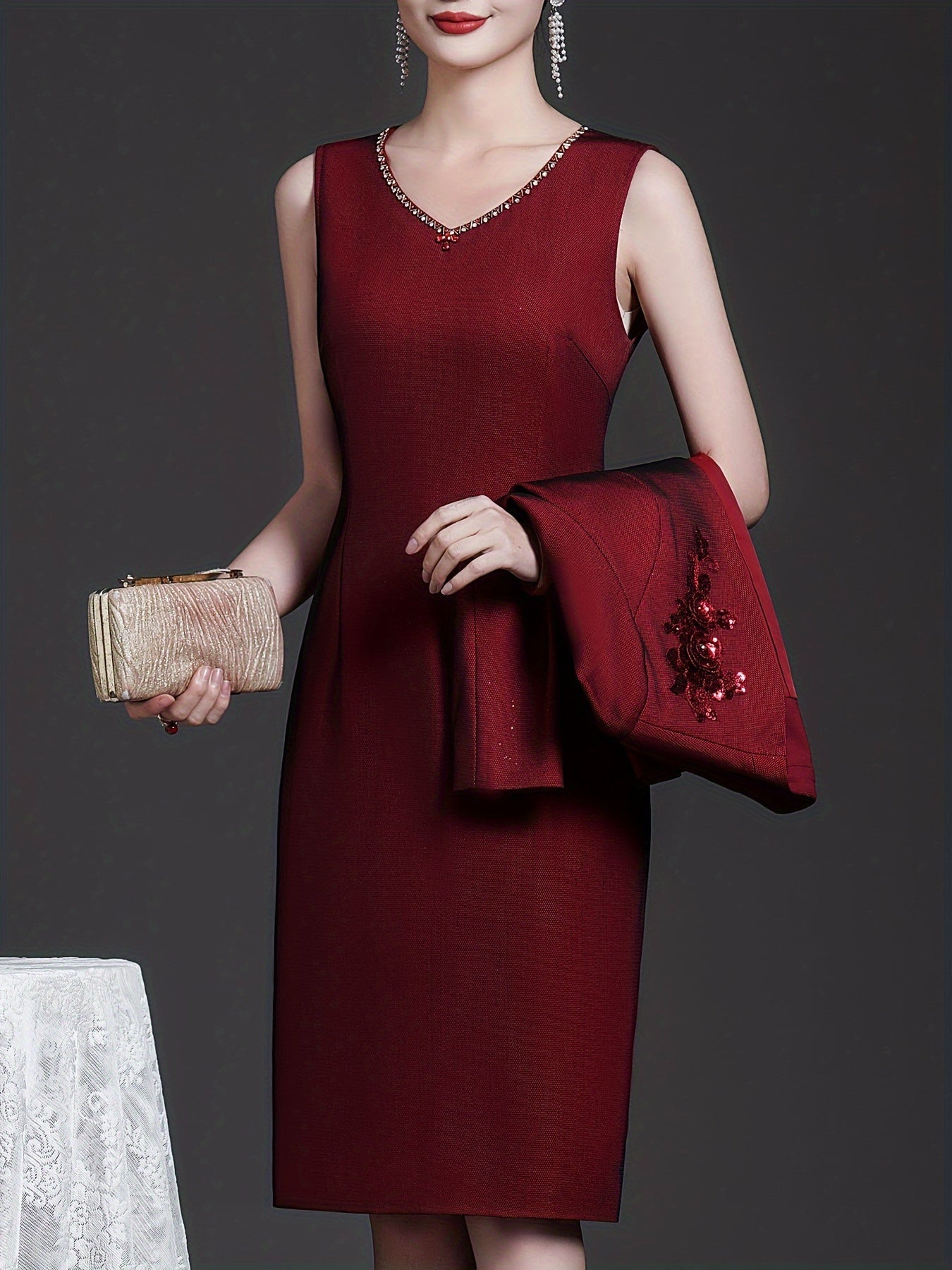 Wine Red Two-piece Dress Set Elegant Slim, Long Sleeve Coat Embroidered Top And Sleeveless Sundress Women SHOWLU FASHION STORE