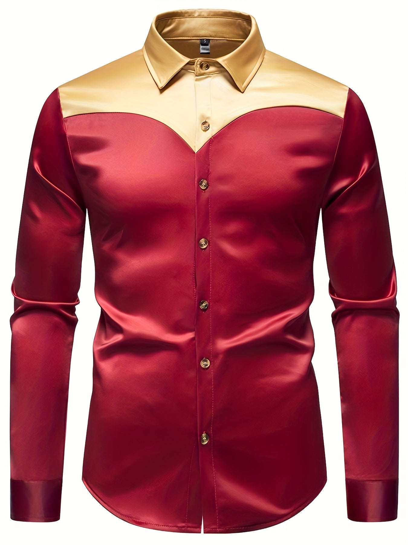 Men'S Silky Smooth Color Block Long Sleeve Button-Up Shirt - Black with Golden Accents, Casual Lapel Style, Polyester Blend, Perfect for All Seasons SHOWLU FASHION STORE