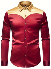 Men'S Silky Smooth Color Block Long Sleeve Button-Up Shirt - Black with Golden Accents, Casual Lapel Style, Polyester Blend, Perfect for All Seasons SHOWLU FASHION STORE