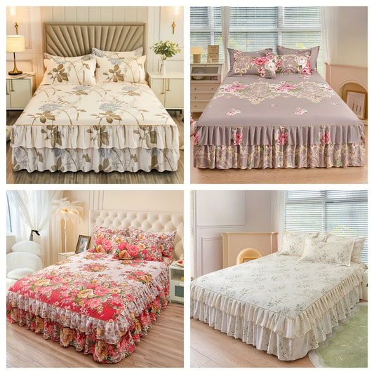 2/3pcs (Two/Three Piece Set) New Style Printed Ruffled Soft And Comfortable Breathable Bed Skirt (Includes One Bed Skirt And One/Two Pillowcases, Pillow Core Not Included) Bed Skirt, Bed Cover, Bed Set, Mattress Protector, Ma SHOWLU FASHION STORE