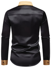 Men'S Casual Lapel Collar Color Block Long Sleeve Shirt Polyester Slight Stretch Button Shirt for Adult SHOWLU FASHION STORE