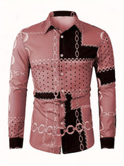 Men's Color Block Chains Graphic Print Shirt, Casual Lapel Button Up Long Sleeve Shirt For Spring Fall Outdoor Activities Party Gift SHOWLU FASHION STORE